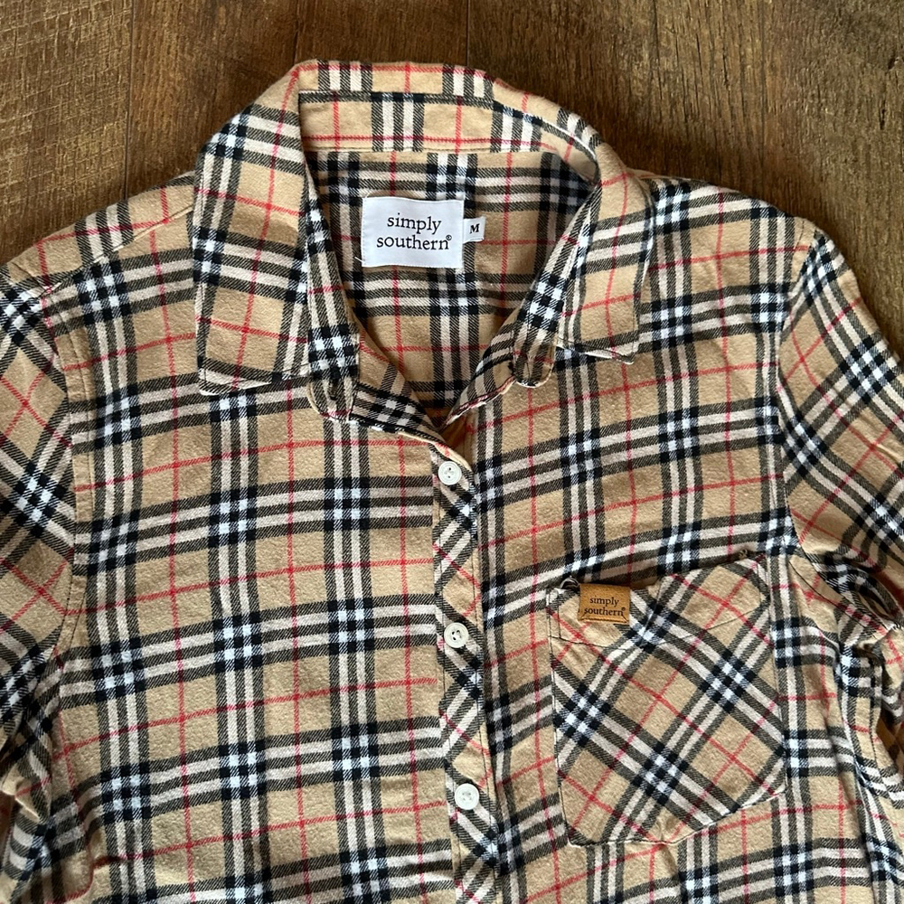 Women's Simply Southern Plaid Button Down Shirt M Beige Black - Picture 4 of 9
